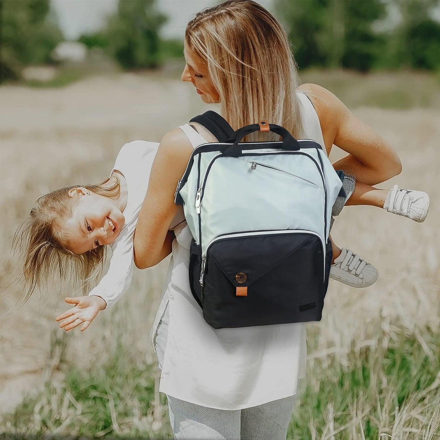 Diaper Bag Backpack,Large Capacity Travel Back Pack Maternity Baby Nappy Changing Bags, Double Compartments with Stroller Straps,Waterproof,Grey Black(Us7340-Gb)