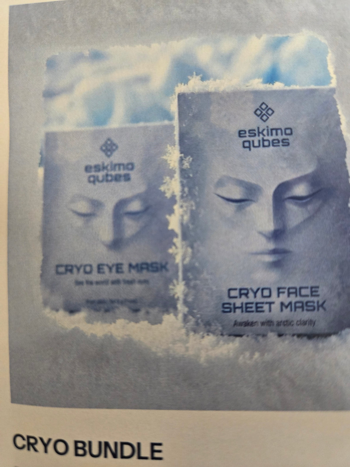 Eskimo Qubes Cryo Eye Mask and Cryo Face Sheet Mask packs displayed together against an icy backdrop.
