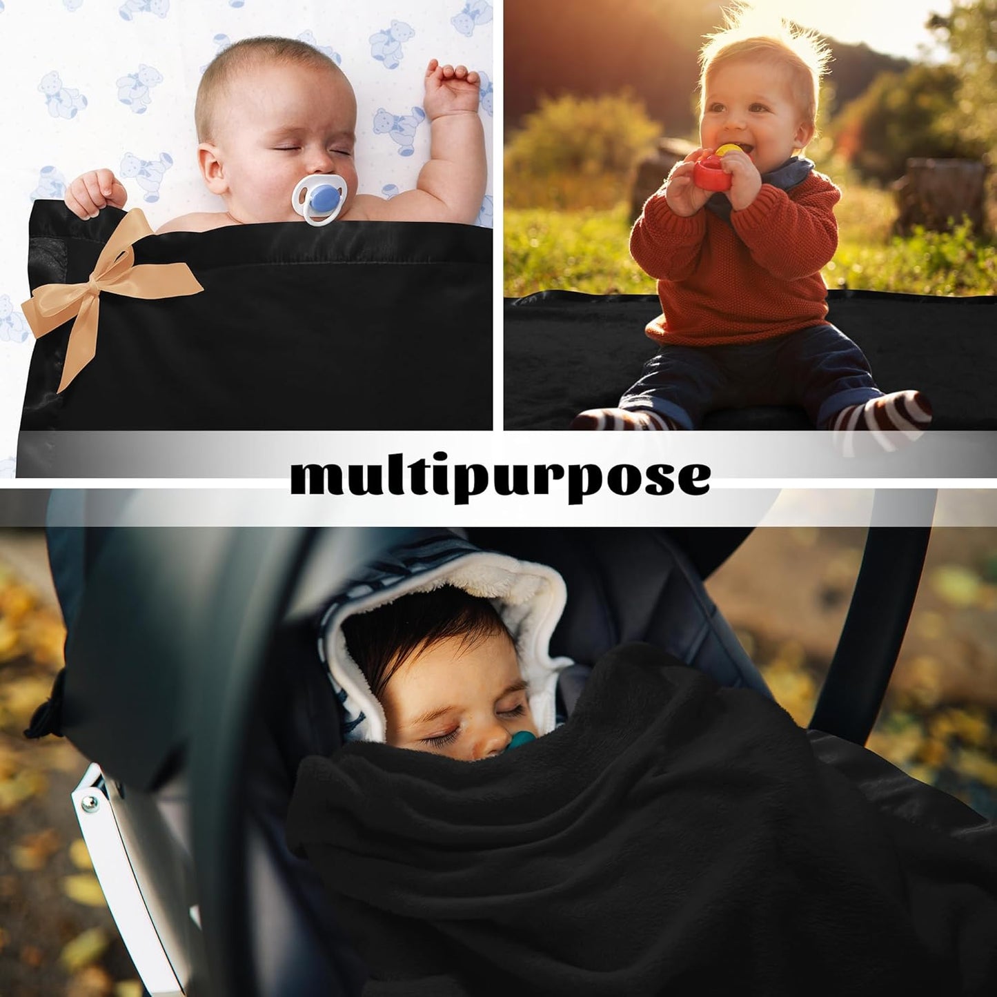 Fleece Baby Blanket with 2 Inch Satin Trim Soft Anti-Static Plush Blanket for Boys and Girls Christmas Baby Gifts for Babies Black 30''X40''