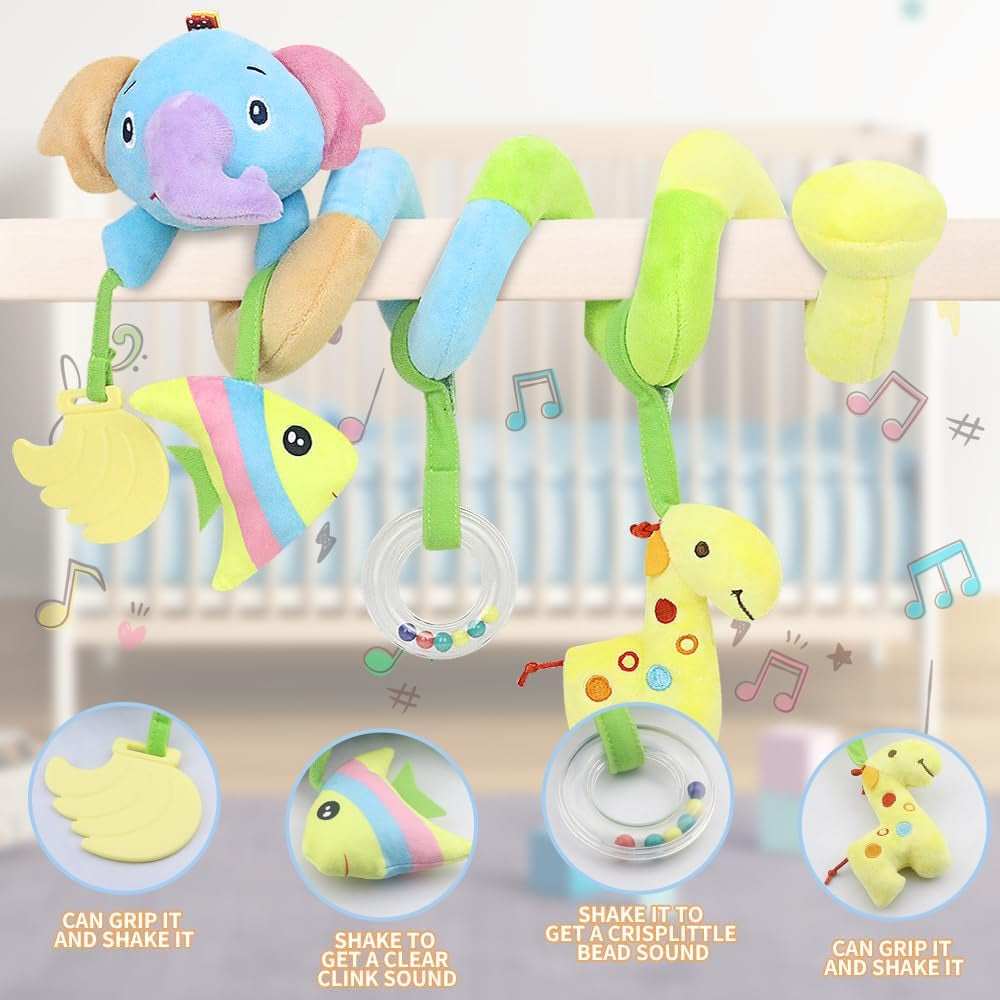 Baby Car Seat Toys, Activity Spiral Pram Hanging Toys with Rattle for Infant (Elephant)