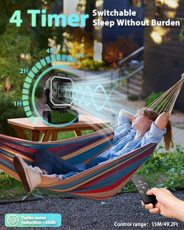 20000mAh Portable Camping Fan, Rechargeable Battery Operated Oscillating Camp Tent Fan W/Remote control, 4 Speeds, LED lights & 360° Rotation Hook