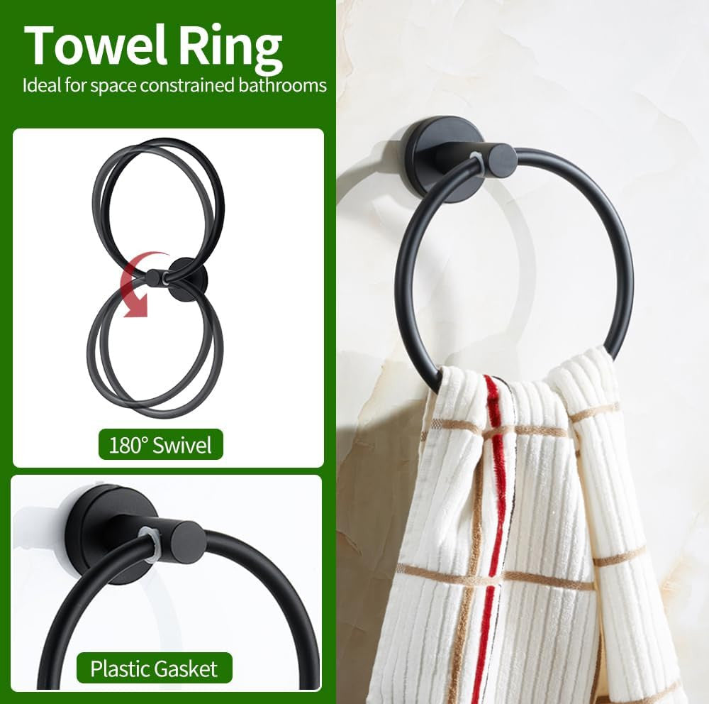 5pcs Matte Black Bathroom Hardware Set, Including 1pcs 24in Retractable Hand Single Towel Bar with 1pcs Toilet Paper Holders, 1pcs Towel Rings 2pcs...