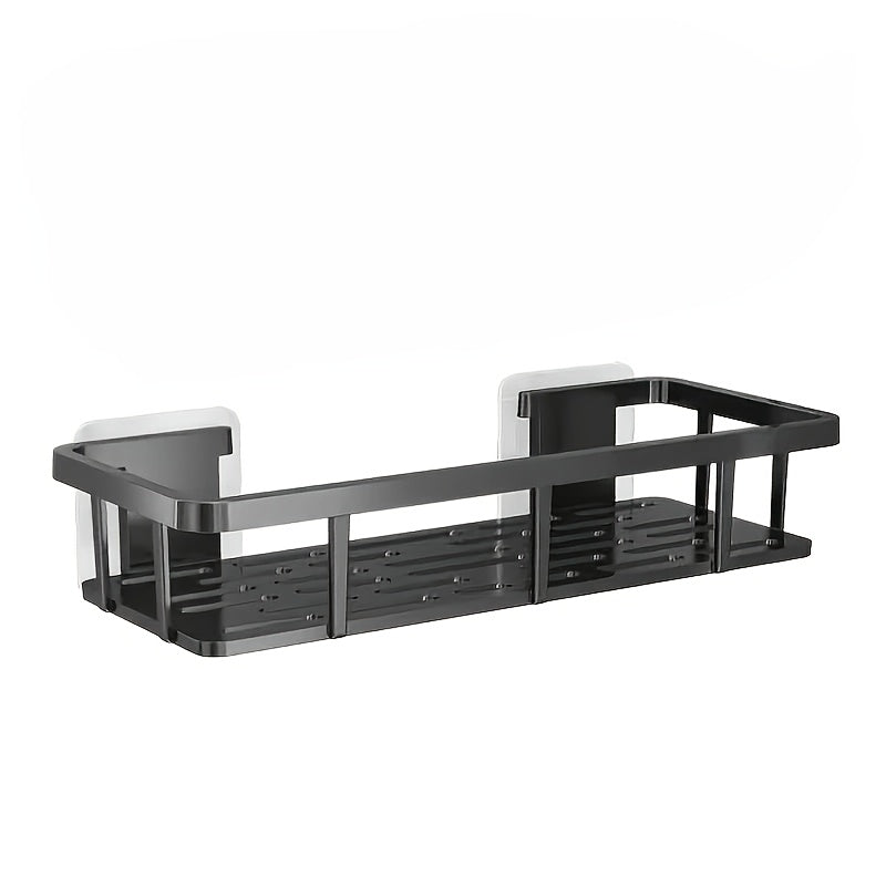 Black Wall-Mounted Storage Shelf - Heavy-Duty Plastic, No-Drill Adhesive Installation, Space-Saving Bathroom and Kitchen Organizer