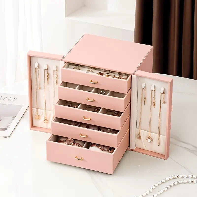 White 1 Large Faux Leather Jewelry Storage Box with 5 Drawers and Gold Handles - An elegant rectangular storage space for rings, necklaces,...