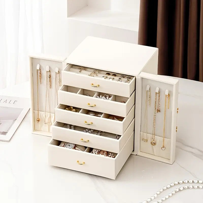 Blue 1 Large Faux Leather Jewelry Storage Box with 5 Drawers and Gold Handles - An elegant rectangular storage space for rings, necklaces,...