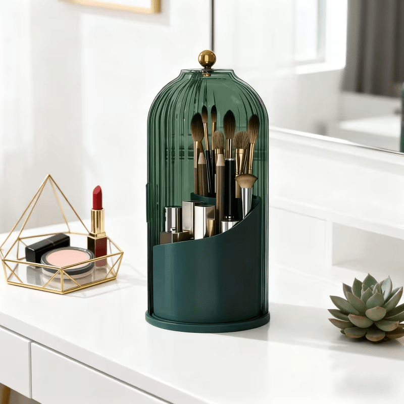 Transparent Rotating Makeup Brush Holder: 360° Rotation for Easy Access, Dust-Proof with Compartments, Neat and Portable(Transparent green)