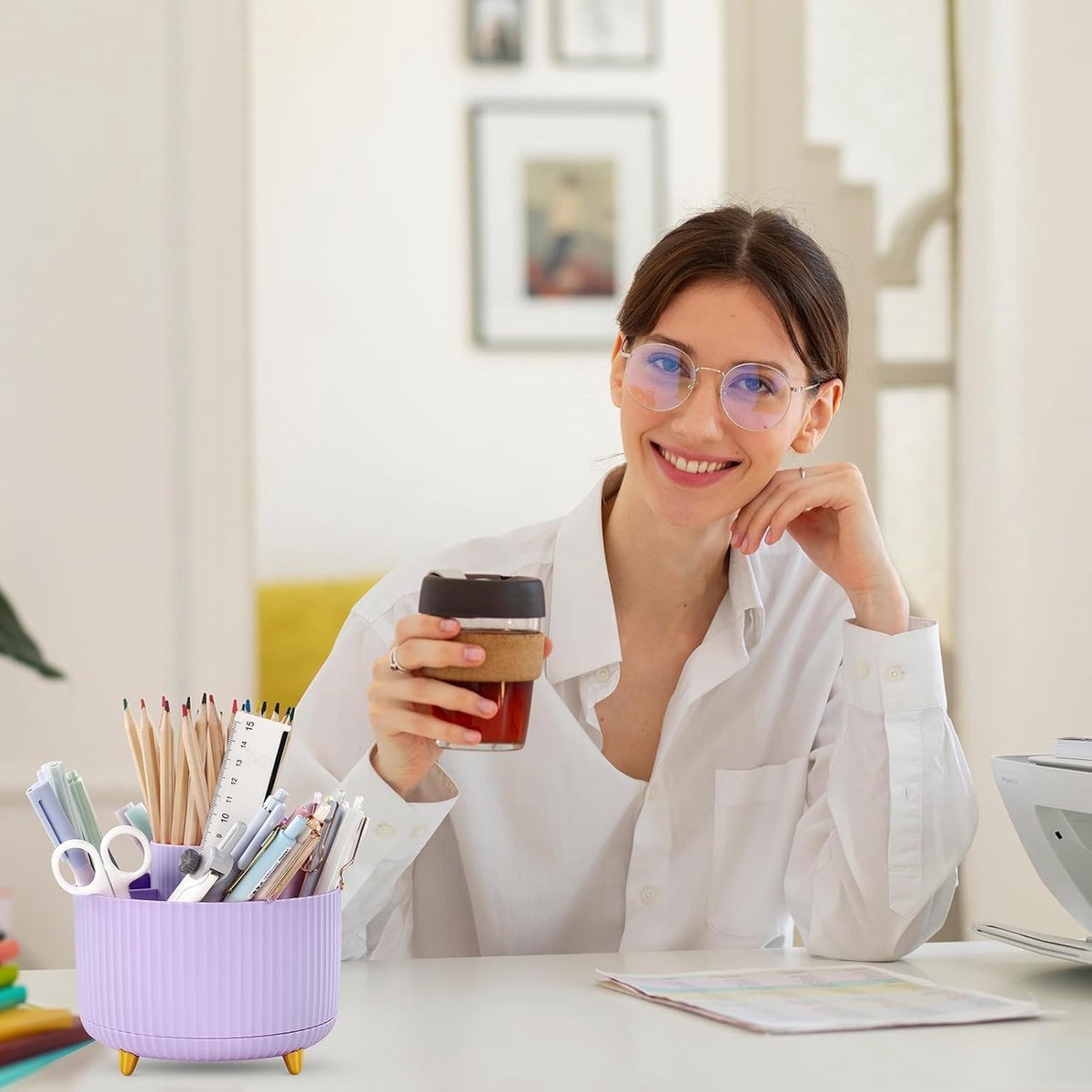 Storage Box - Rotating purple organizer for pens and art supplies - Storage box with compartments - Rotatable - Suitable for offices, schools and...