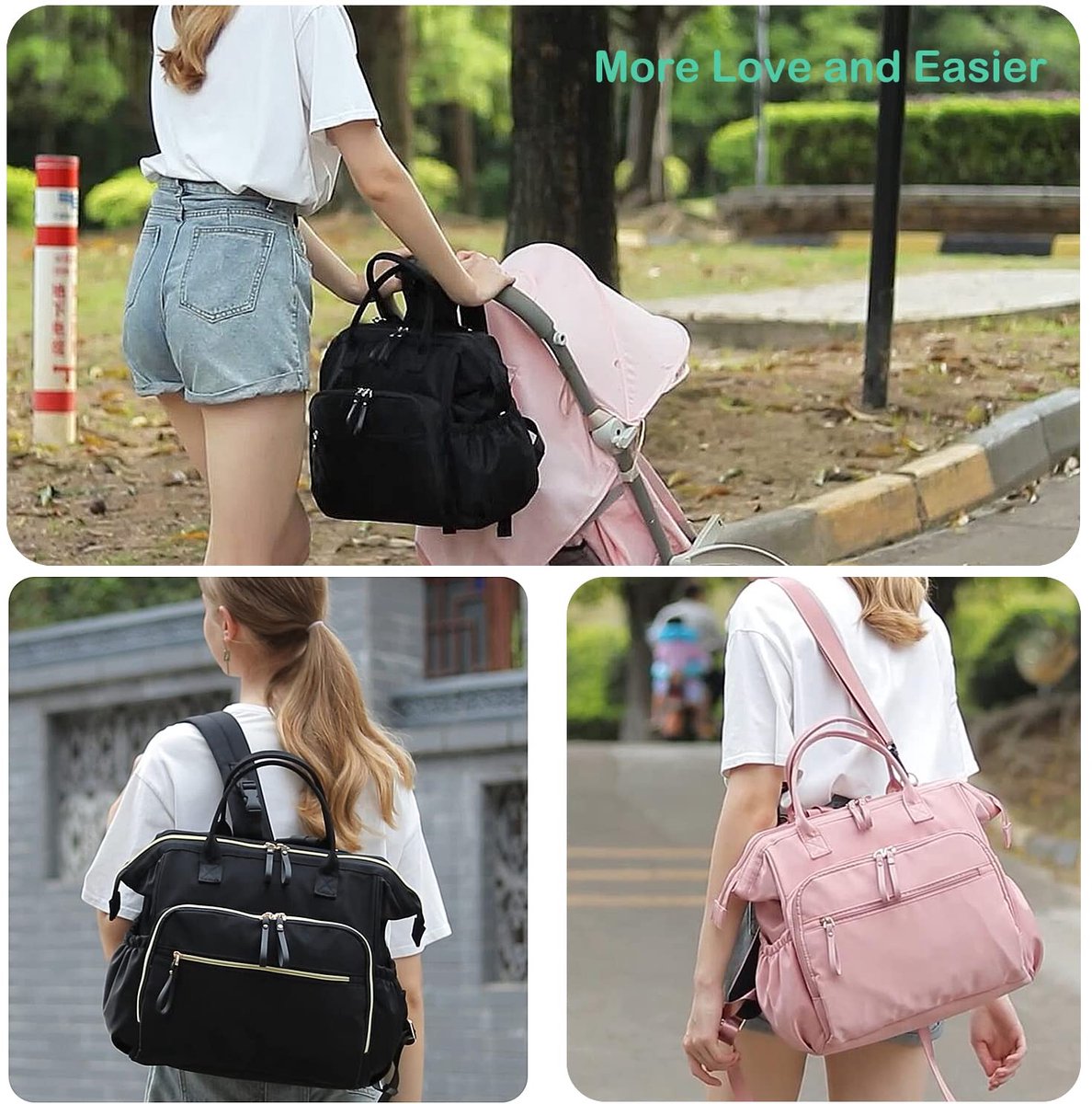 Convertible Diaper Bag - Wide Opening - 14 Pockets - Stylish - Baby Changing Bag - with Stroller Buckle - Diaper Bag - Waterproof (Black)