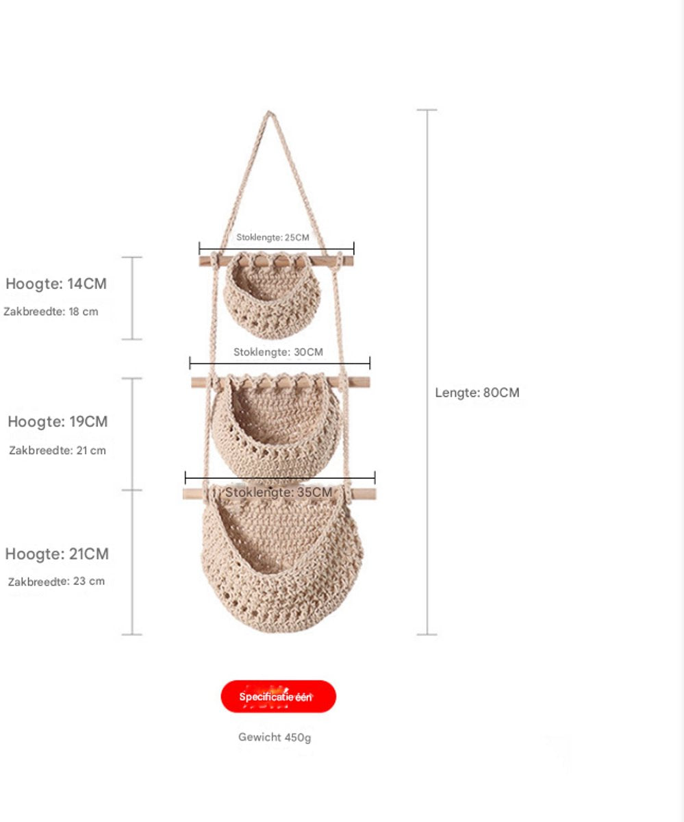 Three-Tier Hanging Fruit and Vegetable Basket - Removable Wall Rack - Hand-Woven Beige Wall Basket - Multifunctional Kitchen Storage Rack - Fruit...