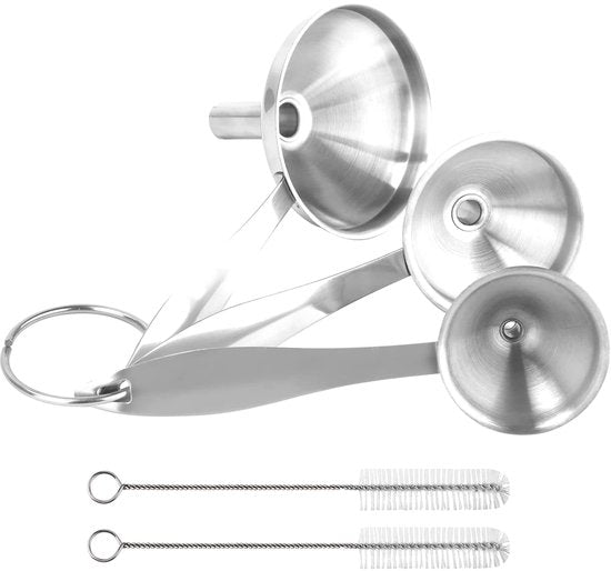Stainless Steel Funnel Set - Set of 3 - Kitchen Funnels - Various Sizes - Funnels with Long Handles - With 2 Cleaning Brushes - Diameter:...