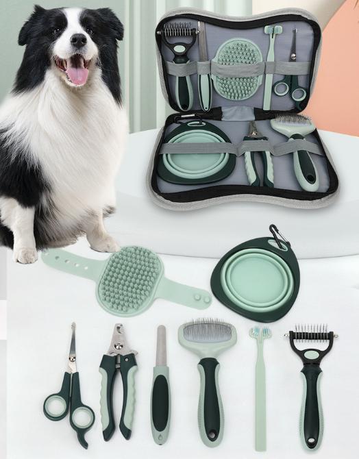 Grey and Green Complete 8-Piece Pet Grooming Kit - Essential Dog & Cat Care Tools with Brushes, Nail Clippers, Scissors & Portable Case