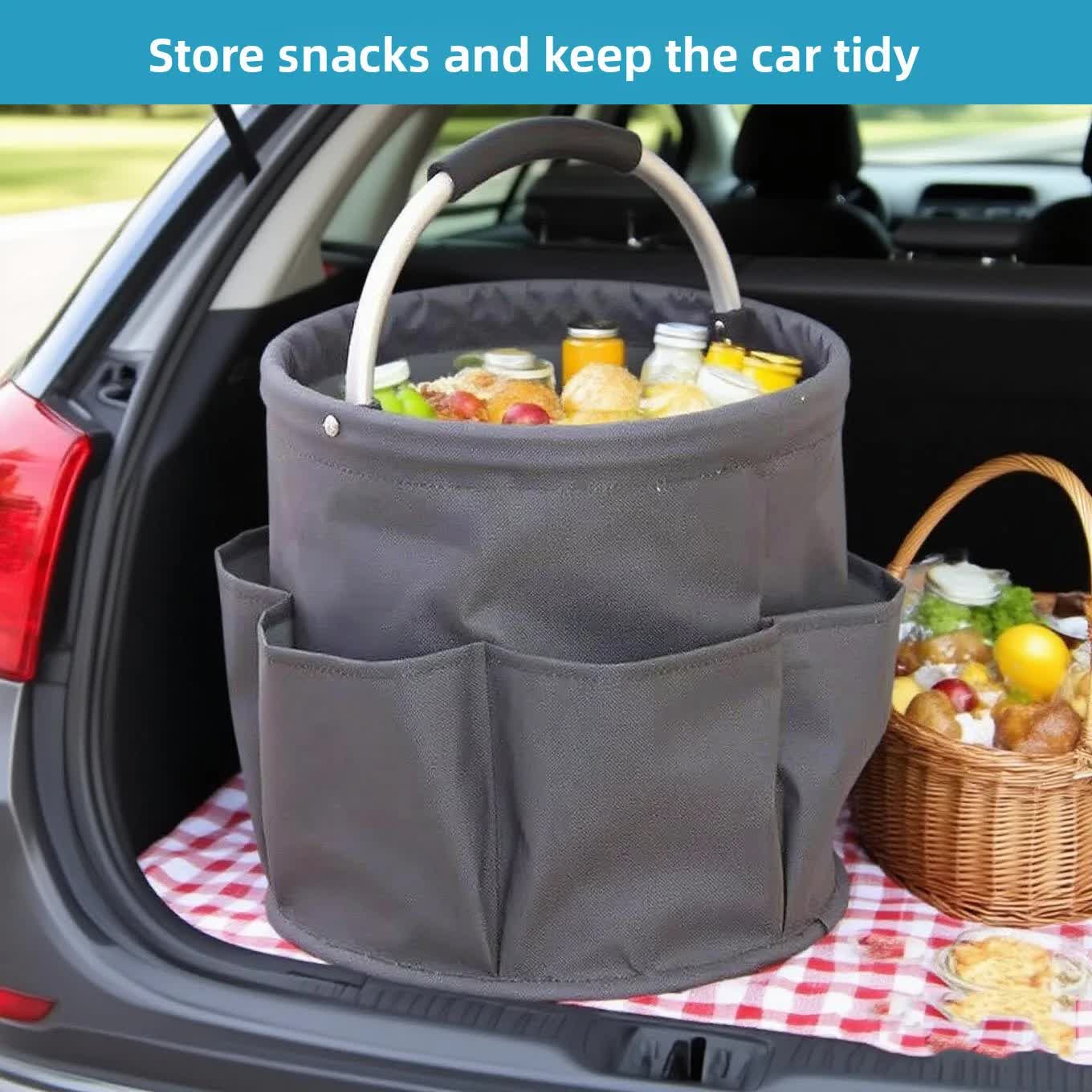Black Multi-Function Collapsible Storage Basket with Drawstring Closure Portable Cleaning Caddy and Picnic Organiser Bag with Multiple Pockets