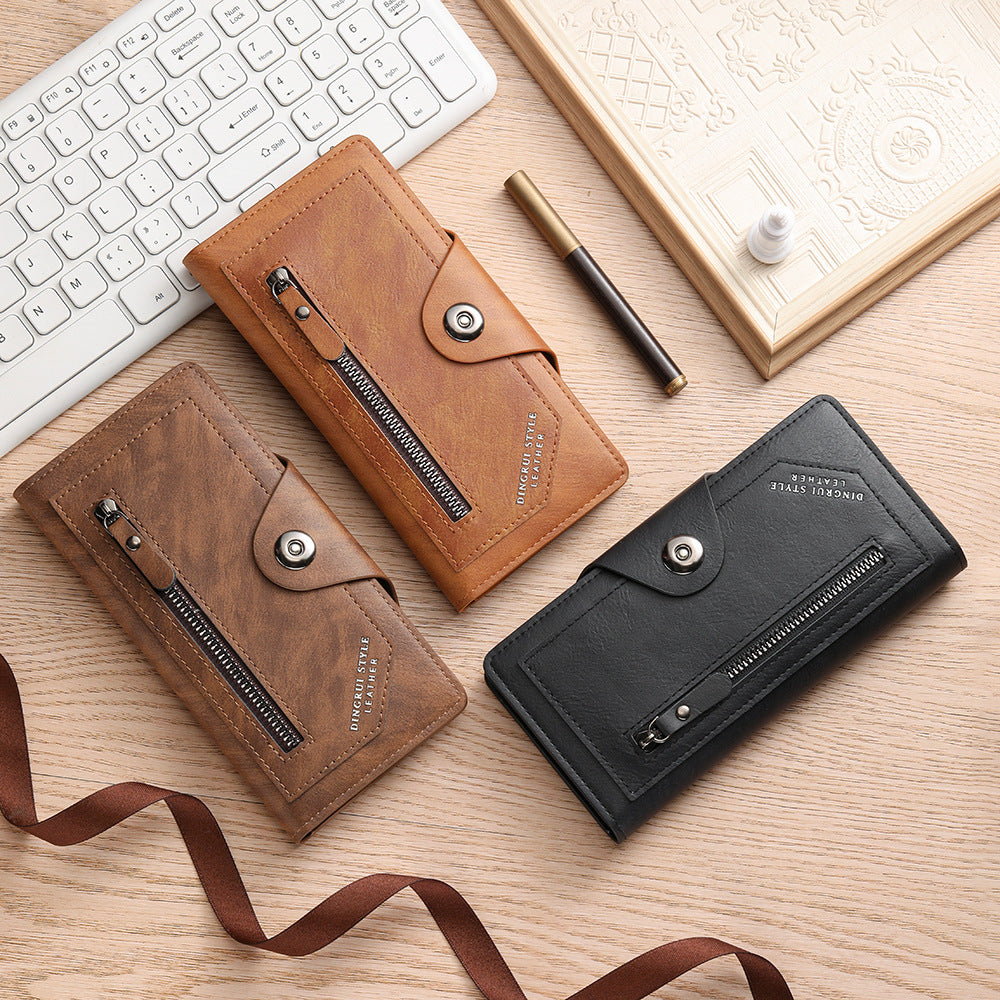 Light coffee Vintage Men's Long Wallet Slim PU Leather Clutch with Multi Card Slots and External Zipper Pocket, Large Capacity Fashion Purse for...