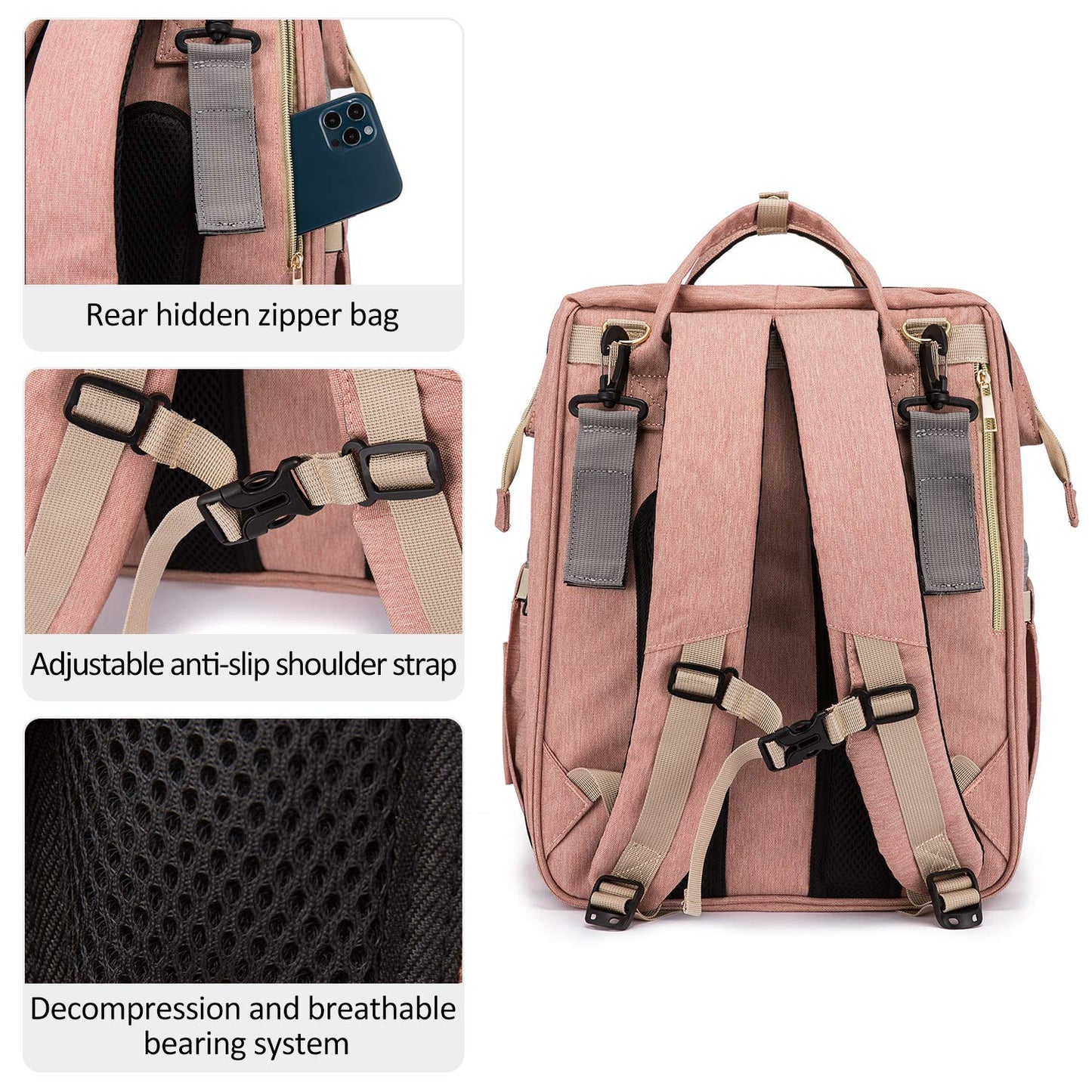 3 in 1 Diaper Bag Backpack with Changing Pad, Waterproof Diaper Bag for Boys Girls, Baby Shower Gifts, Travel Nappy Bag with USB Charging Port, Stroller Straps & Shade Cloth (Pink)