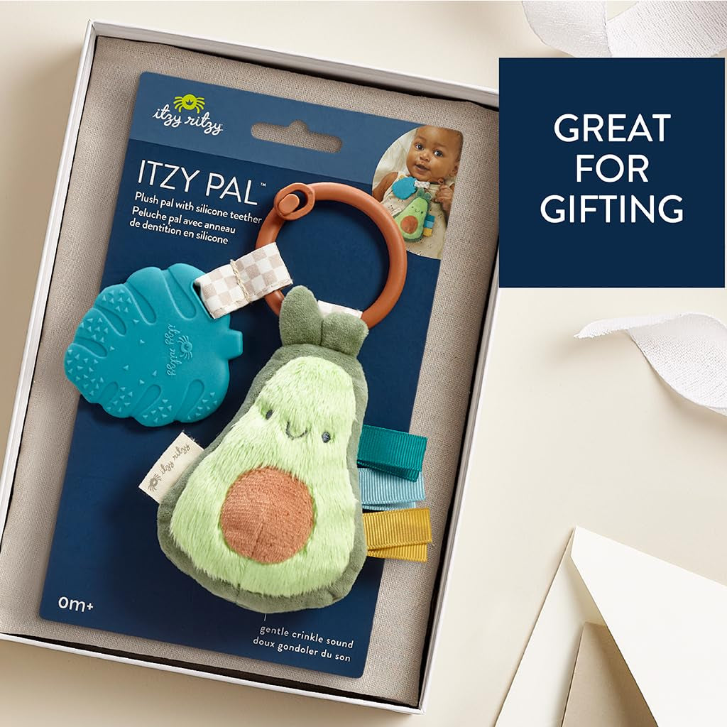Infant Toy & Teether - Itzy Pal Baby Teething Toy Includes Lovey, Crinkle Sound, Textured Ribbons & Silicone Teether for Newborn (Avocado)