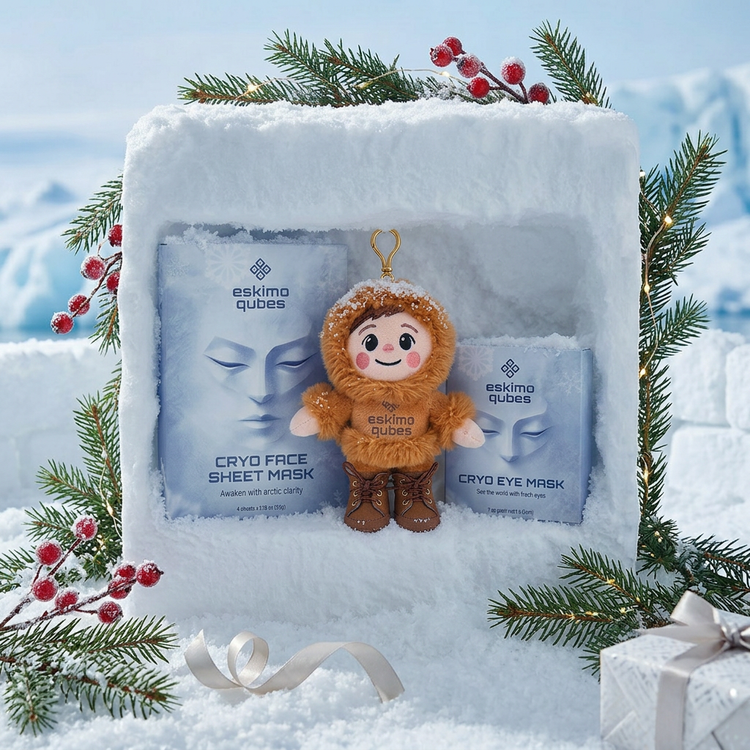 Eskimo Qubes face mask, eye mask and separately sold plush doll key ring in a snowy Christmas display