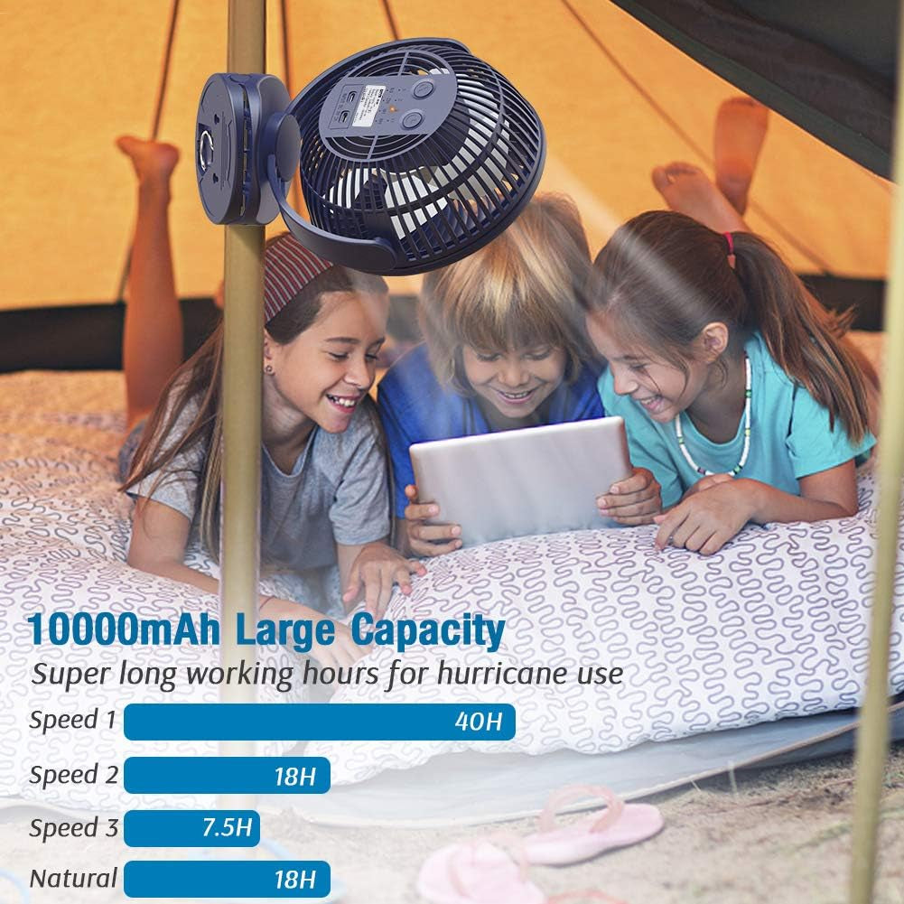 10000Mah Battery Operated Clip Fan with Hanging Hook, Super Strong Airflow, 4 Speeds, Sturdy Clamp, Timer, Portable Rechargeable Camping Fan for Desktop Tent Treadmill Golf Cart Hurricane, Lasts 40Hrs