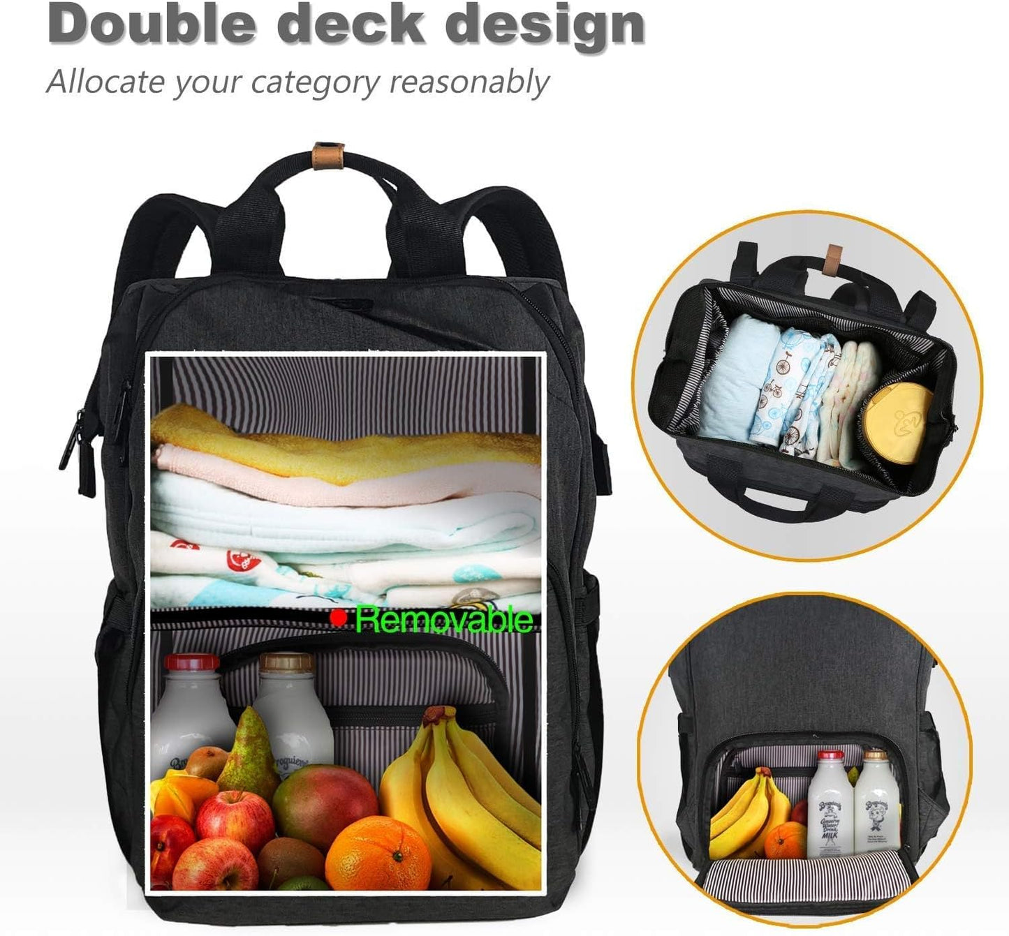 Diaper Bag Backpack,Large Capacity Travel Back Pack Maternity Baby Nappy Changing Bags, Double Compartments with Stroller Straps,Waterproof,Black (US7340-DG)