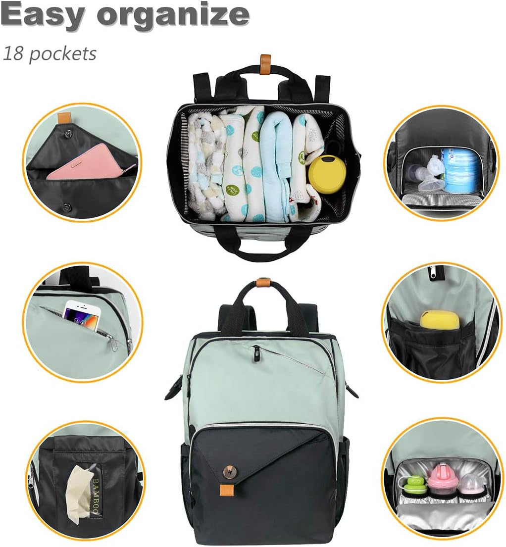 Diaper Bag Backpack,Large Capacity Travel Back Pack Maternity Baby Nappy Changing Bags, Double Compartments with Stroller Straps,Waterproof,Grey Black(Us7340-Gb)