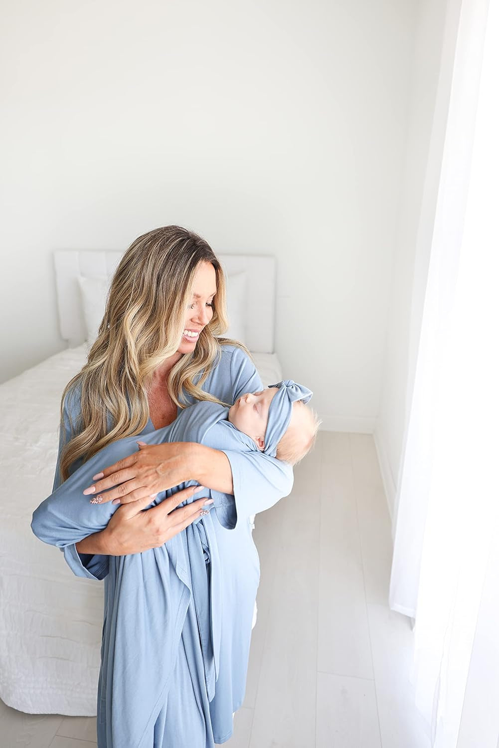 Swaddle Blanket & Headband Set – Viscose from Bamboo Stretchy Baby Swaddle for Newborn Girls, Receiving Blanket or Nursing Cover (Denim Blue)