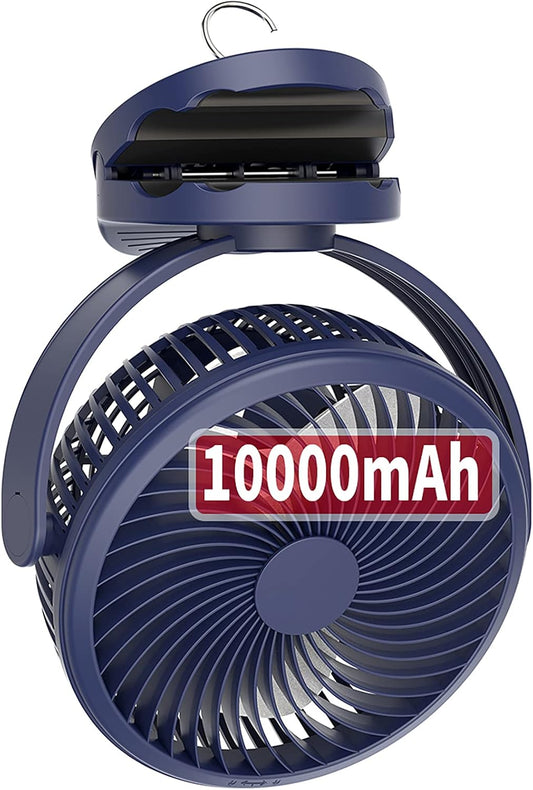 10000Mah Battery Operated Clip Fan with Hanging Hook, Super Strong Airflow, 4 Speeds, Sturdy Clamp, Timer, Portable Rechargeable Camping Fan for Desktop Tent Treadmill Golf Cart Hurricane, Lasts 40Hrs