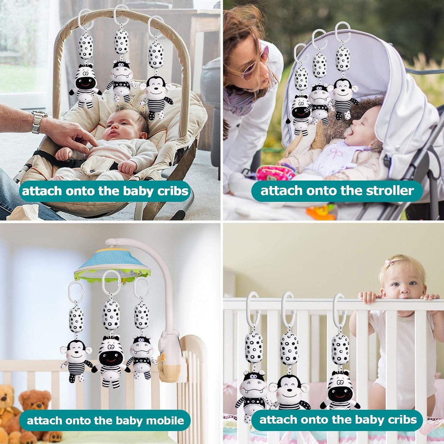 Baby Toy Cartoon Animal Stuffed Hanging Rattle Toys, Baby Bed Crib Car Seat Travel Stroller Soft Plush Toys with Wind Chimes, Best Birthday Gift for Newborn 0-18 Month (Monkey, Zebra & Hippo)