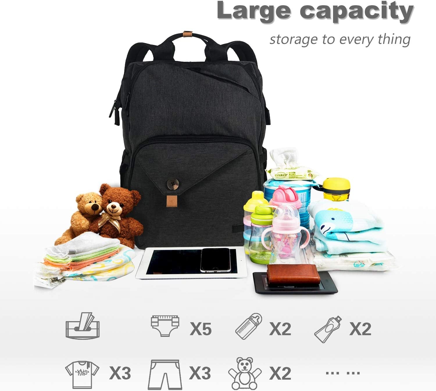 Diaper Bag Backpack,Large Capacity Travel Back Pack Maternity Baby Nappy Changing Bags, Double Compartments with Stroller Straps,Waterproof,Black (US7340-DG)