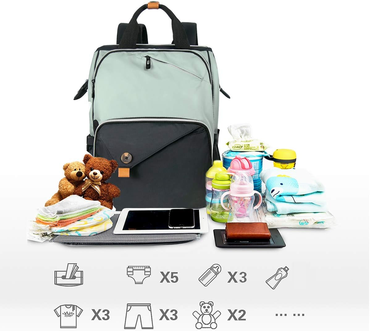 Diaper Bag Backpack,Large Capacity Travel Back Pack Maternity Baby Nappy Changing Bags, Double Compartments with Stroller Straps,Waterproof,Grey Black(Us7340-Gb)
