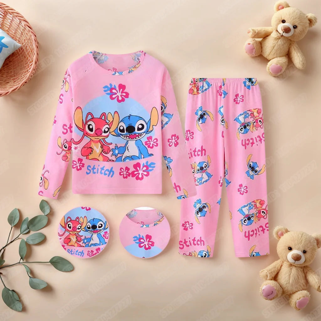 New Spring Children's Clothing Sets Stitch Angel Boy Sleepwear Long sleeved pants Clothes Kids Pajamas Set Baby Girls Pyjamas
