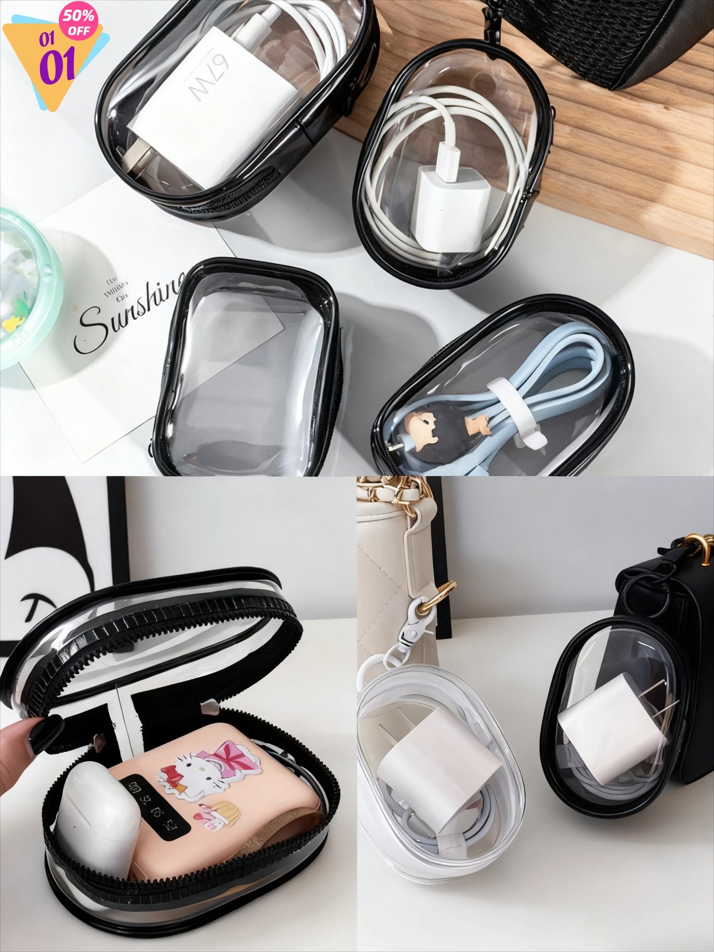Stylish Transparent Cable Storage Box - Chic Wire Organizer for Data Cables, Chargers & Headphones Commute & Travel Essential