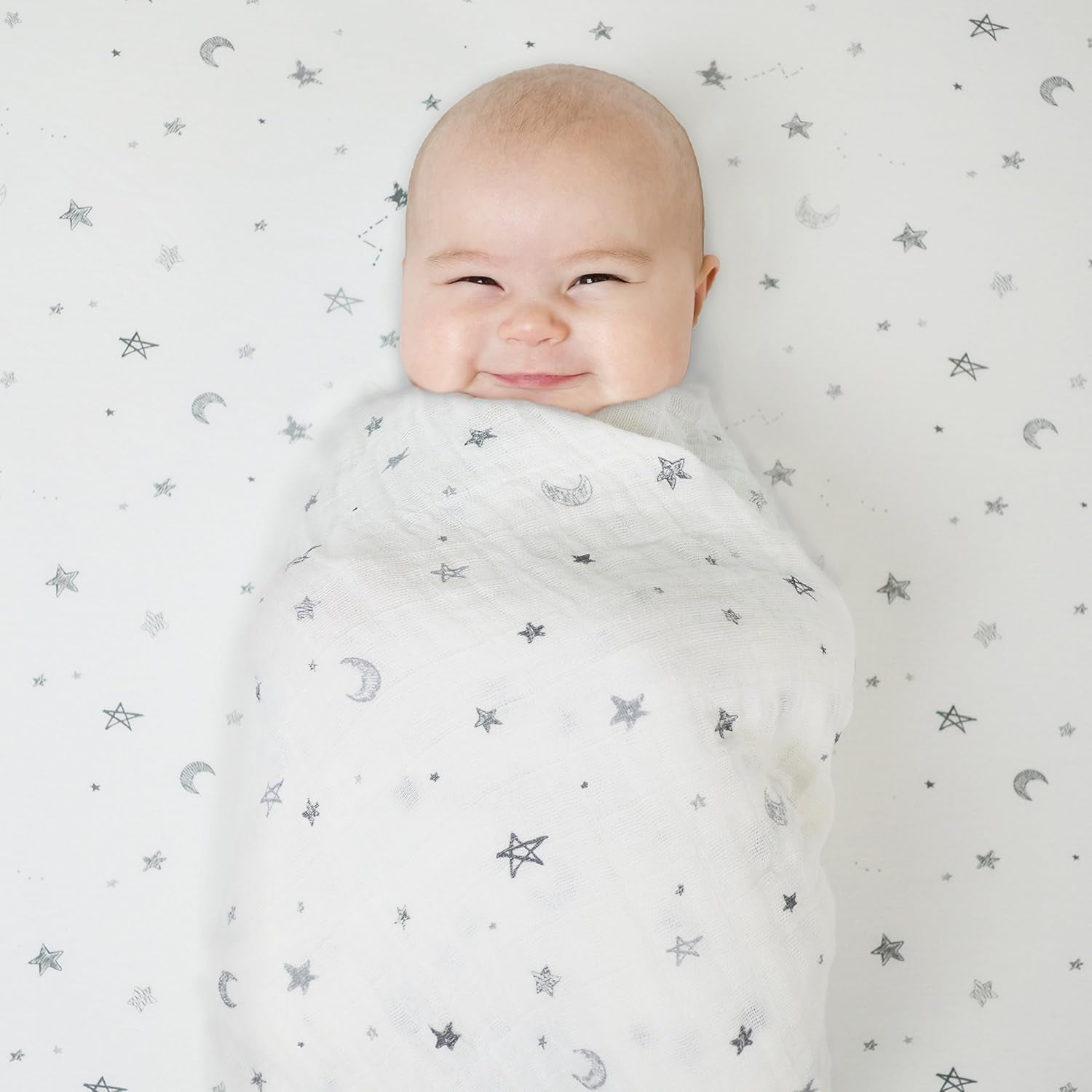 100% Cotton Muslin Swaddle Blanket, Soft, Breathable & Lightweight, Gray Stars/Moon, 47" X 47" for Boys and Girls, Perfect for Swaddling, Travel and Gifting
