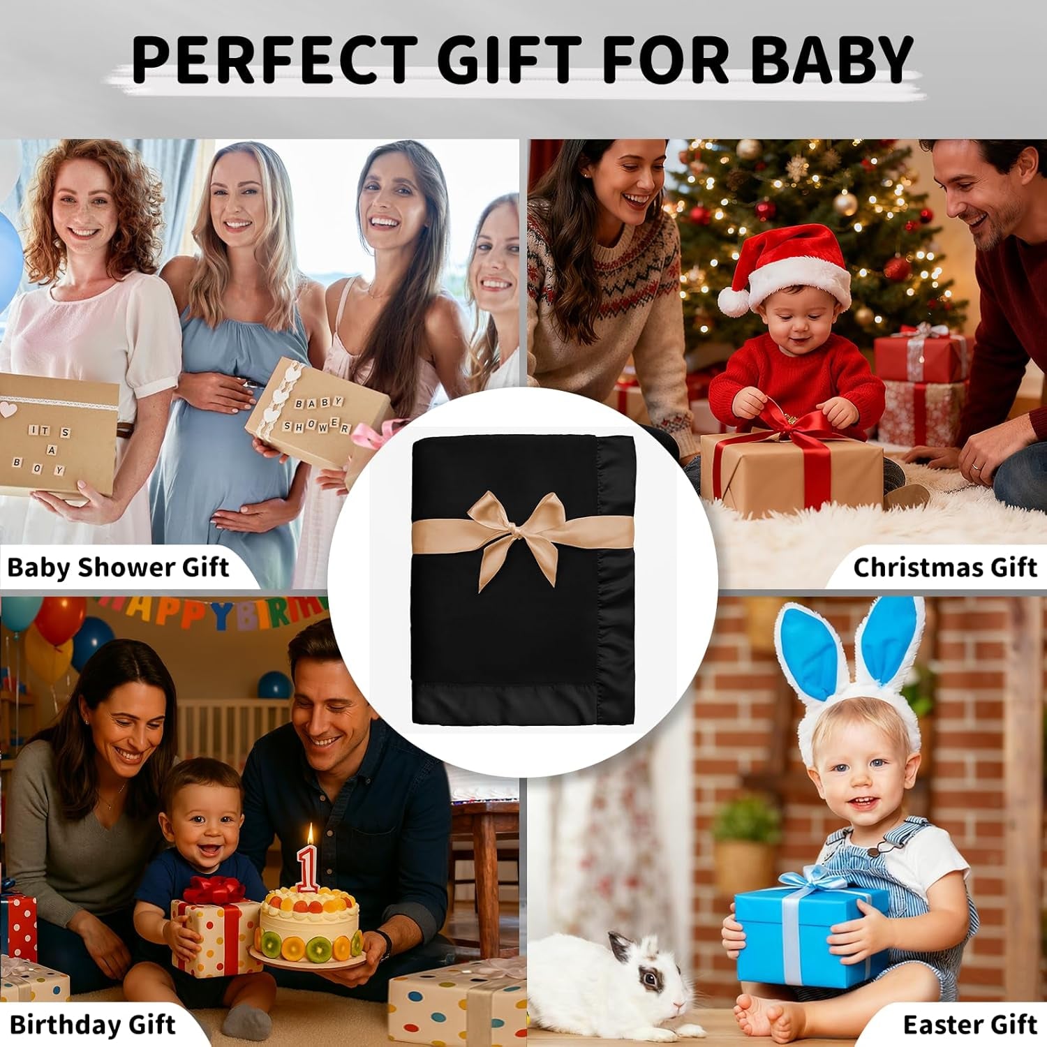 Fleece Baby Blanket with 2 Inch Satin Trim Soft Anti-Static Plush Blanket for Boys and Girls Christmas Baby Gifts for Babies Black 30''X40''