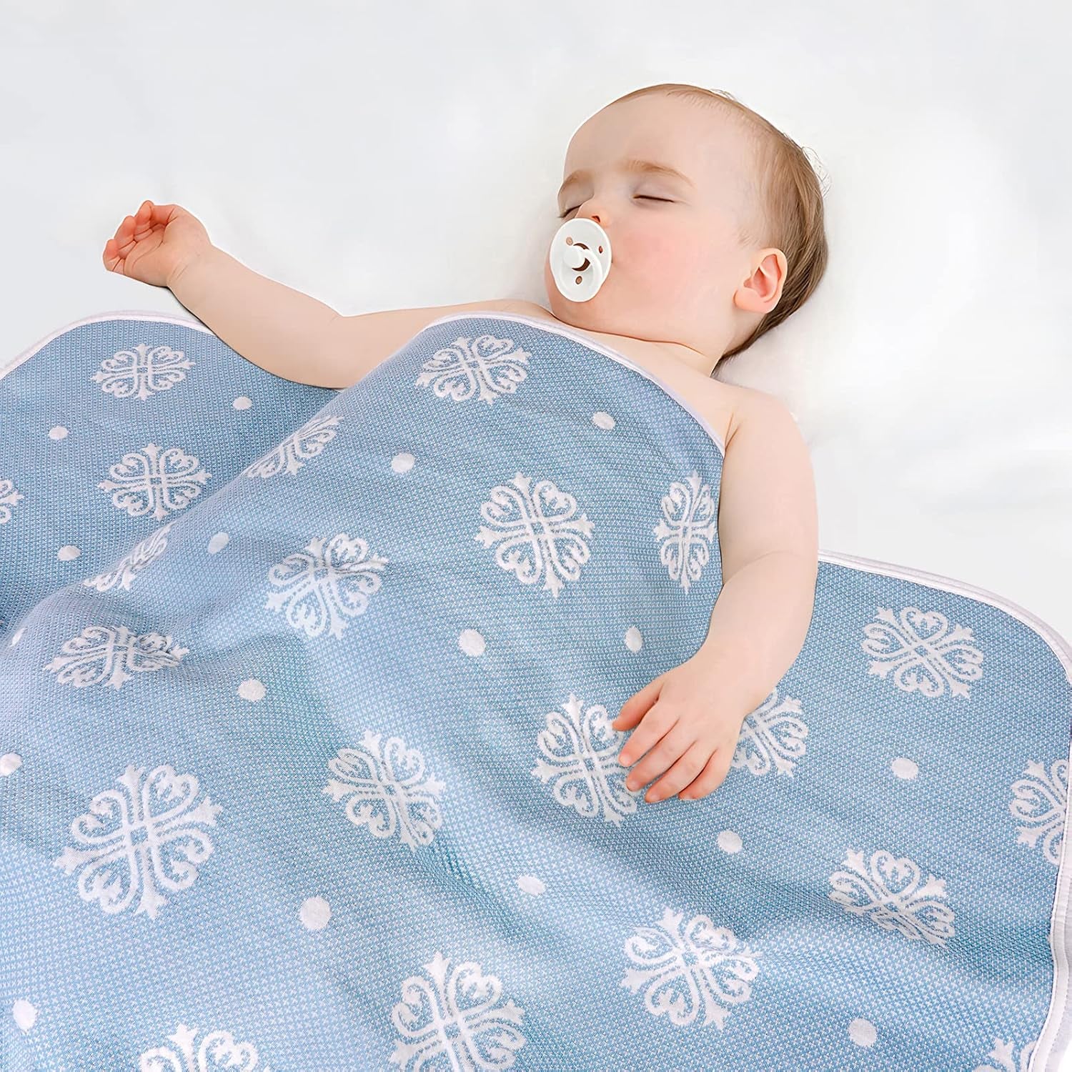 Organic Cotton Patterned Baby Crib Blanket for All Seasons - Warm, Breathable, Super Soft, Thick and Light Weight Quilted Toddler Blanket for Boys and Girls 39''X39'' Large - Blue Snow