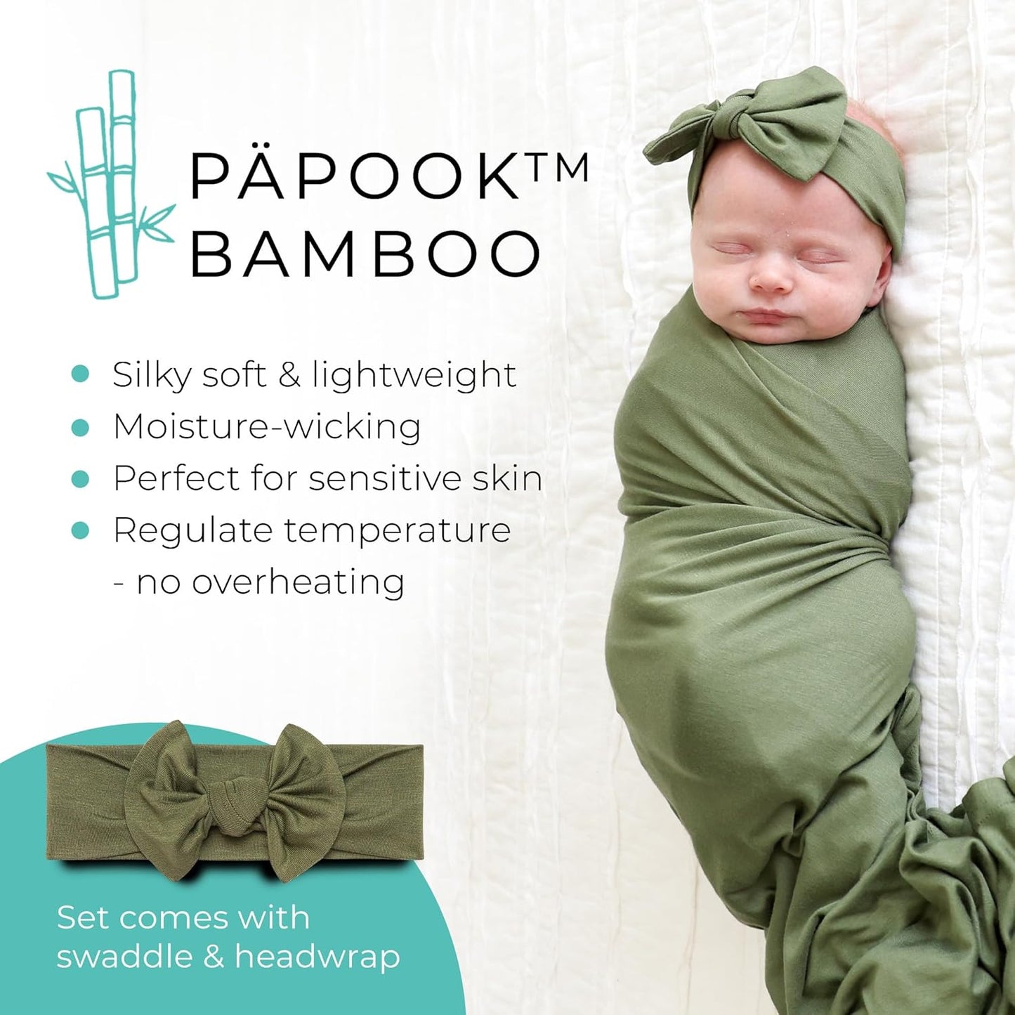 Swaddle Blanket & Headband Set – Viscose from Bamboo Stretchy Baby Swaddle for Newborn Girls, Receiving Blanket or Nursing Cover (Olive)
