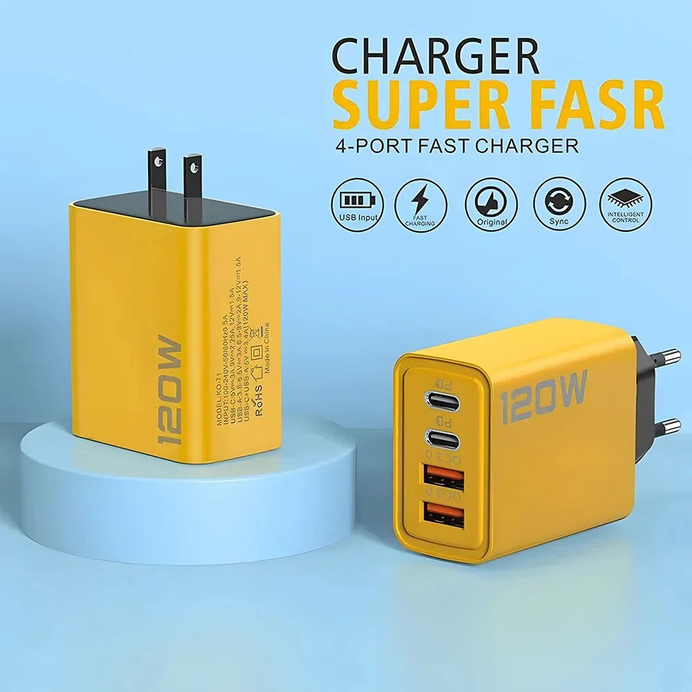 Total 120W 4-Port USB  Type C Fast  Wall Adapter for  Quick Charge Mobile Phone