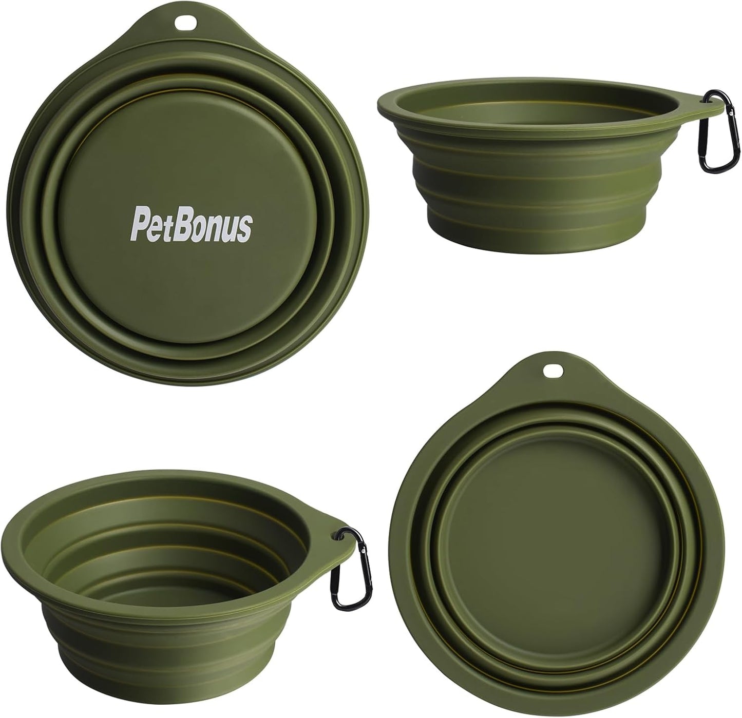 2-Pack Silicone Collapsible Dog Bowls, BPA Free Dishwasher Safe, Portable Foldable Expandable Travel Bowl, Food Water Feeding Cup Dish for Dogs Cats with 2 Carabiners (Army Green, Blue)