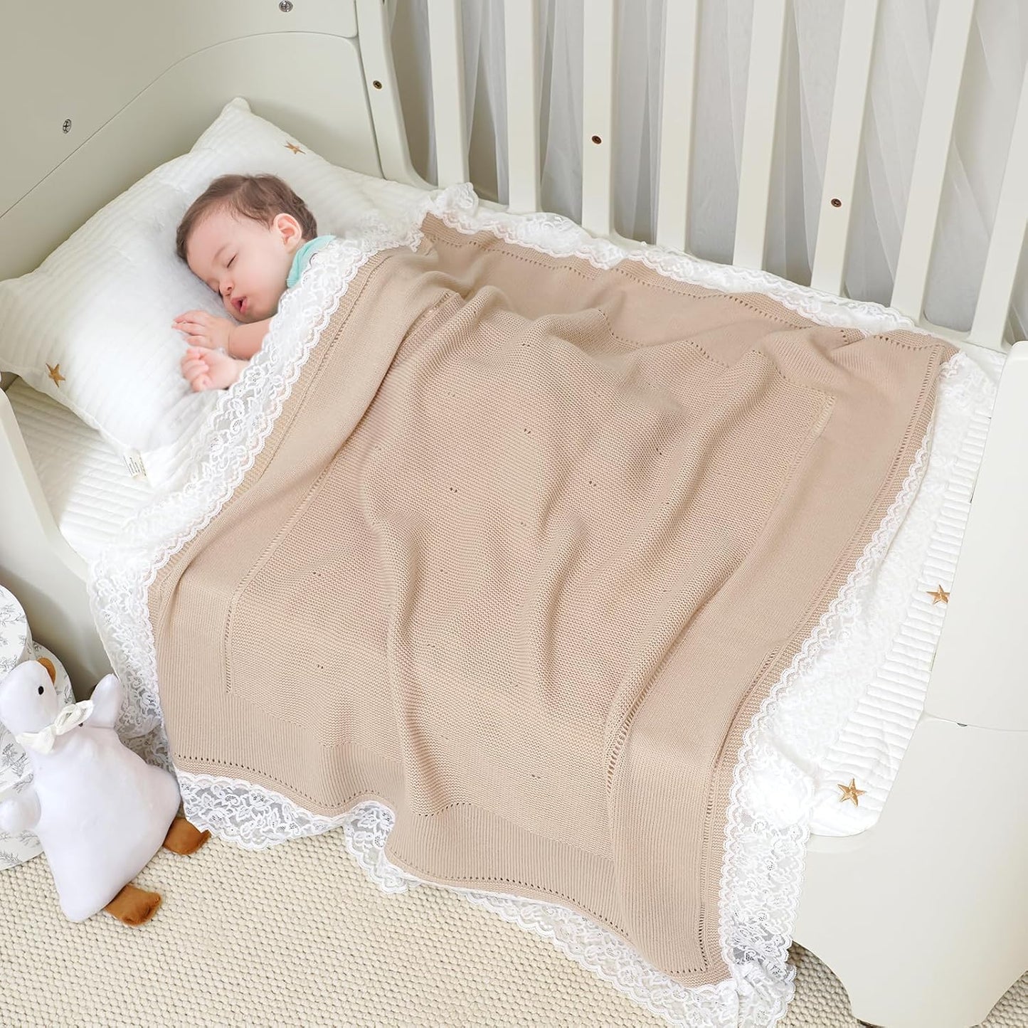 100% Pure Cotton Baby Blanket Extra Soft Cellular Neutral Swaddle Receiving Crib Blanket for Newborn Baby Boy Girl Size 30 X 40 Inches (Camel -Lace)