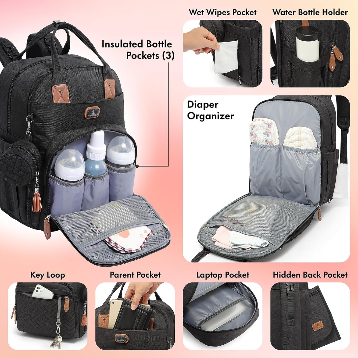 Diaper Bag Backpack with Portable Changing Pad, Pacifier Case and Stroller Straps, Large Unisex Baby Bags for Boys Girls, Multipurpose Travel Back Pack Moms Dads, Black
