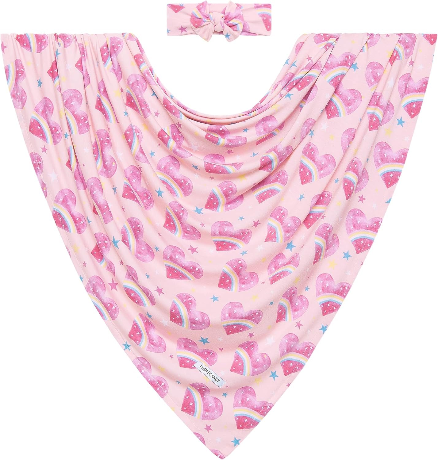 Baby Swaddle Blanket & Headband - Matching Newborn Girl Swaddle Set, Use as a Receiving Blanket or Nursing Cover (Rainbow Hearts)
