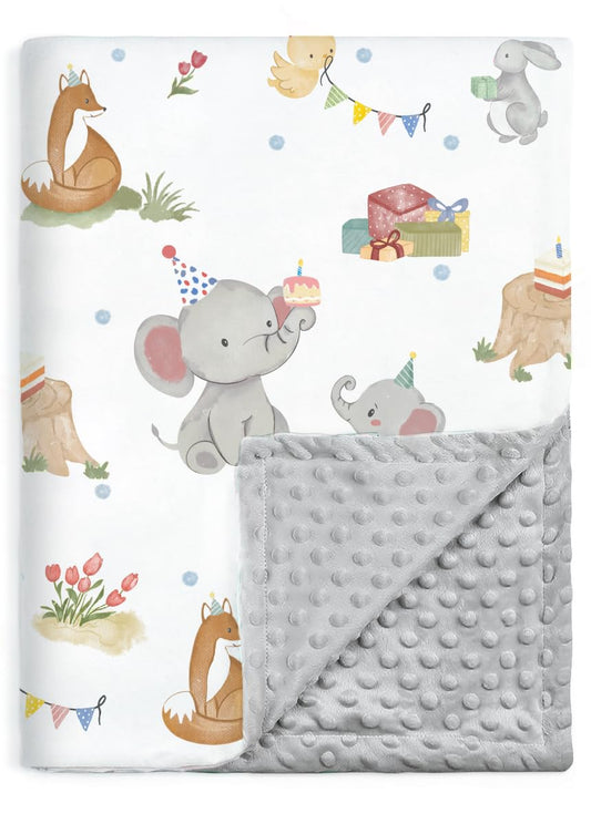 Baby Blanket for Unisex Boys Girls, Super Soft Nursery Minky Fabric with Woodland Animal Party Front and Dotted Fleece Backing for Toddler Stroller Crib Shower Gifts, 30 X 40 Inch