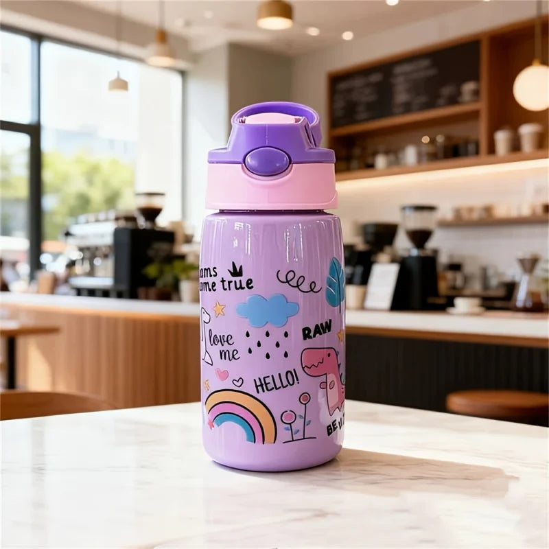 480ML Cute Water Bottle Durable 500ml Portable Water Bottle with Straw and Handle BPA-Free PC Material, Leak-Proof Sealable Lid