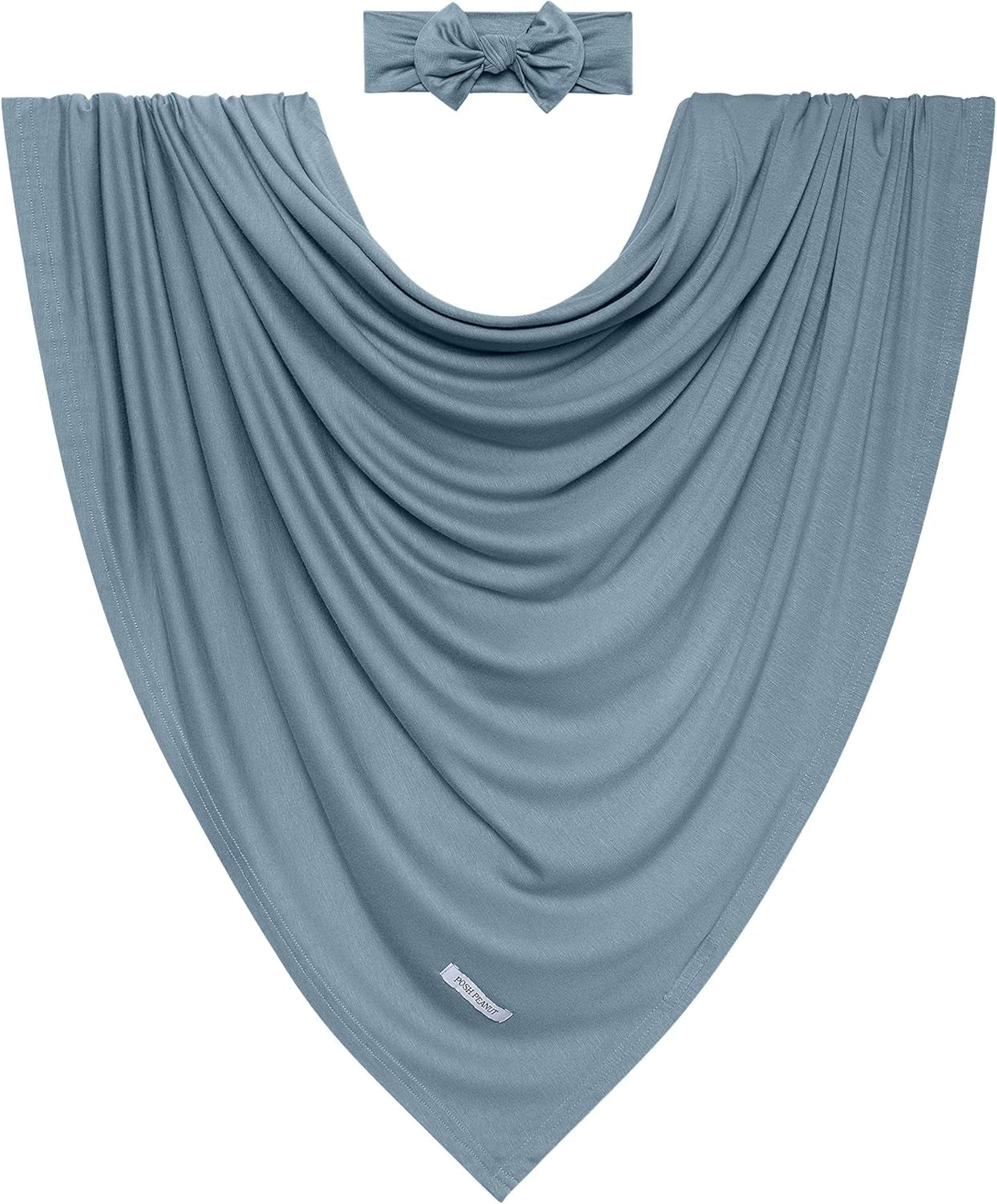 Swaddle Blanket & Headband Set – Viscose from Bamboo Stretchy Baby Swaddle for Newborn Girls, Receiving Blanket or Nursing Cover (Denim Blue)