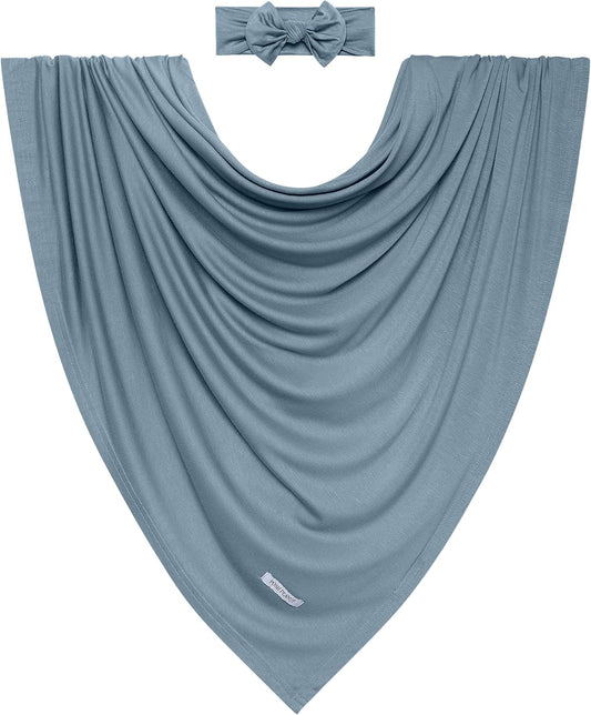 Swaddle Blanket & Headband Set – Viscose from Bamboo Stretchy Baby Swaddle for Newborn Girls, Receiving Blanket or Nursing Cover (Denim Blue)