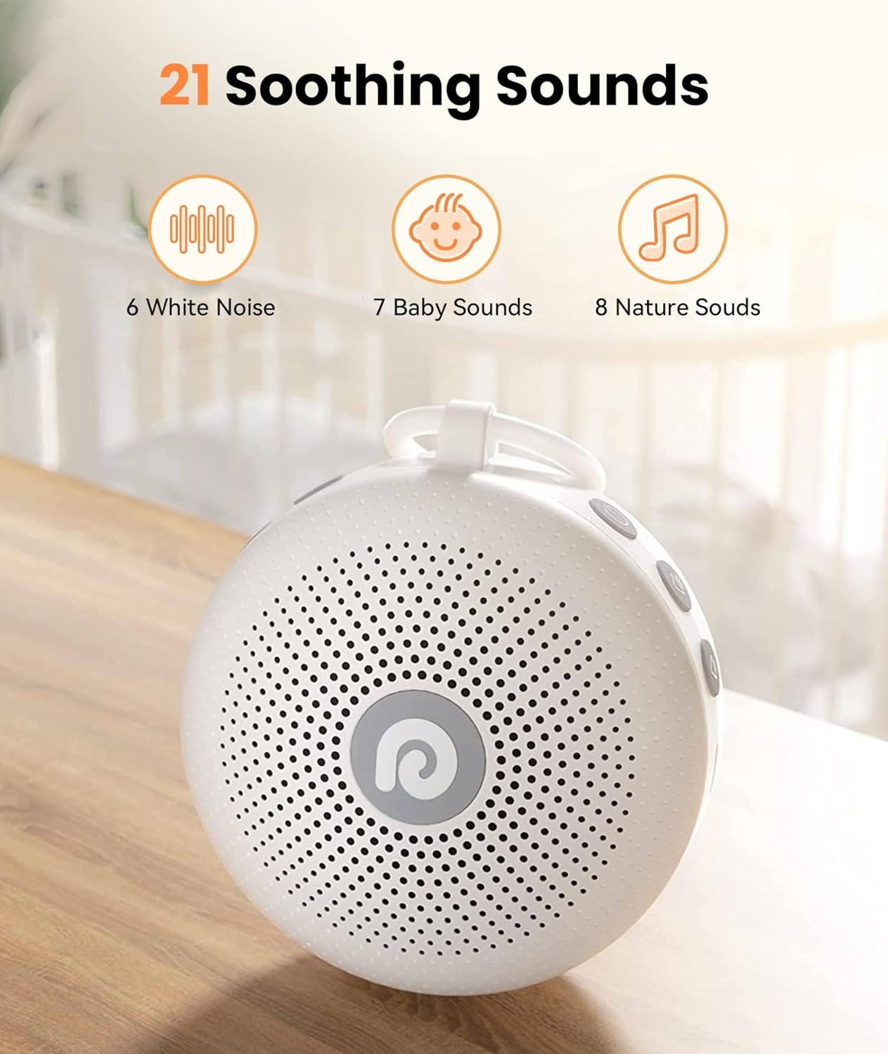 Portable Noise Machine for Baby Adult, Features Powerful Battery, 21 Soothing Sound, Noise Canceling for Office & Sleeping, Sound Therapy for Home, Travel, Registry Gift, Classic White