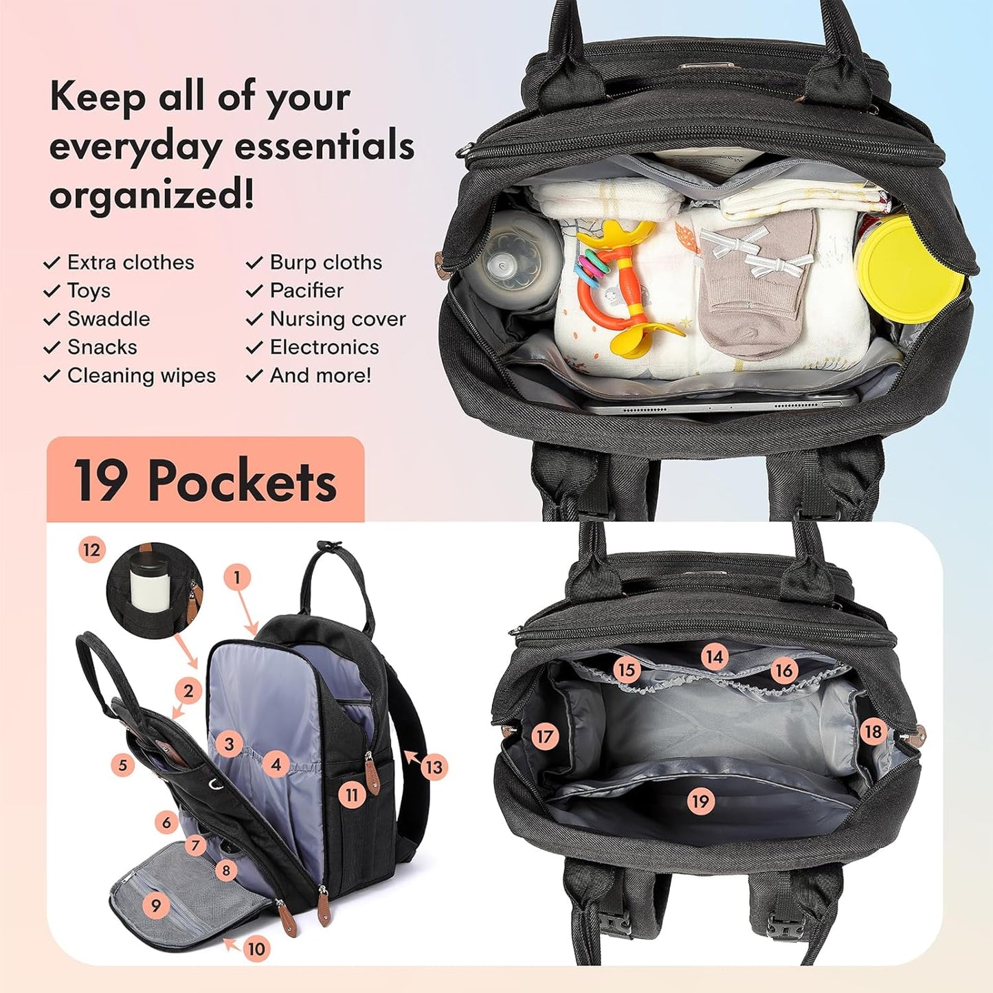 Diaper Bag Backpack with Portable Changing Pad, Pacifier Case and Stroller Straps, Large Unisex Baby Bags for Boys Girls, Multipurpose Travel Back Pack Moms Dads, Black