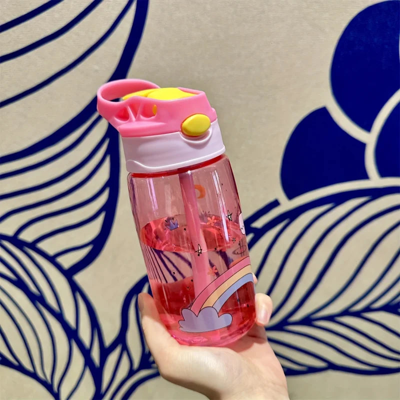480ML Cute Water Bottle Durable 500ml Portable Water Bottle with Straw and Handle BPA-Free PC Material, Leak-Proof Sealable Lid
