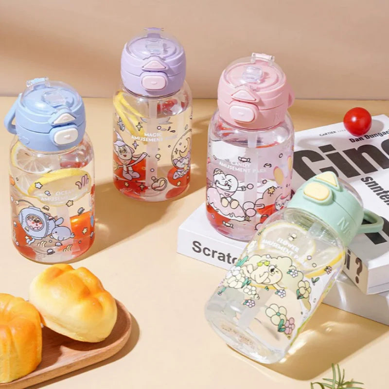 PP Large-650ML Cute capacity Straw Cup Student Cup Water Bottle Glass Tumbler with Lid and Straw Water Bottle for Kids Juice