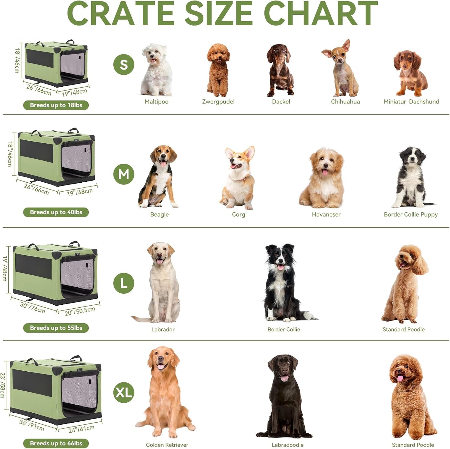 Soft Dog Crate, Dog Travel Crate - 36 Inch Lightweight, Easy Setup, Sturdy Portable Dog Crate, Adjustable Framework with 3 Mesh Door, Soft Sided Collapsible Dog Kennel Green