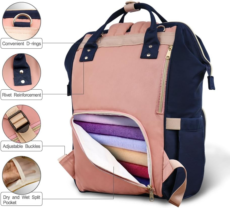 Diaper Bag Backpack - Waterproof Travel Nappy Bag Multifunction Baby Bag (Pink&Navy Blue)