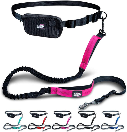 - Premium Hands Free Dog Leash for Running Walking Jogging & Hiking - Adjustable Length Dual Handle Bungee Leash Medium – Large Dog Neoprene Padded Handles - Free Running Pouch Pink/Bla